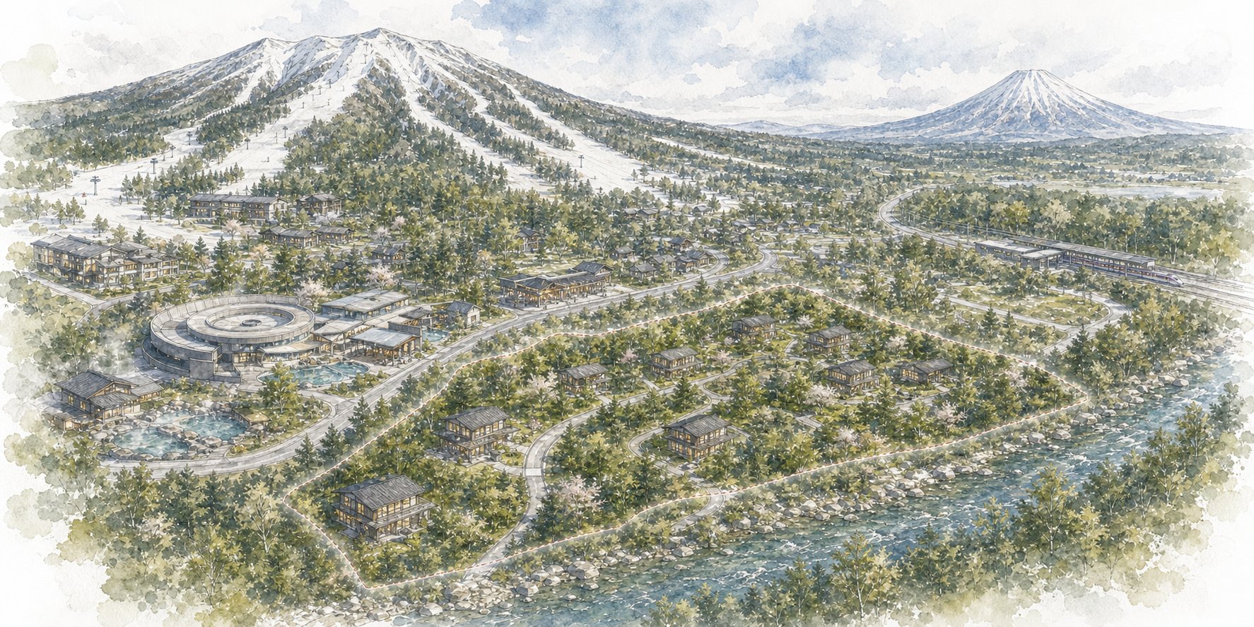 Watercolor view of ski areas, roads, lodges and amenities around Annupuri Niseko