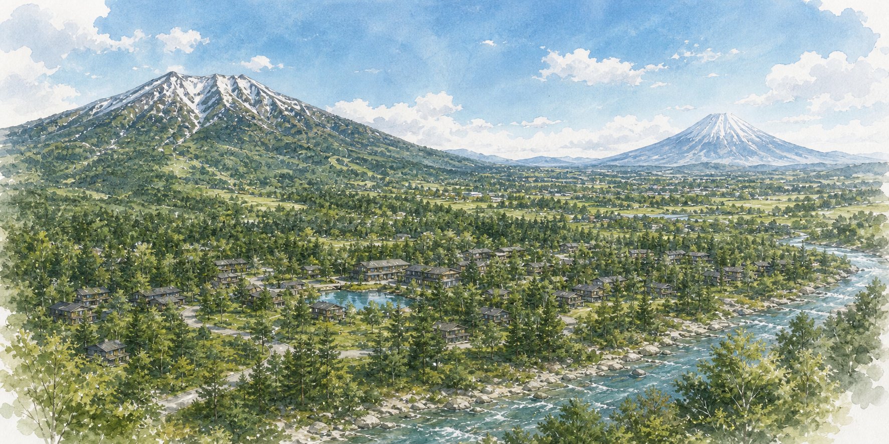 Watercolor mountain panorama of Mt Annupuri and Mt Yotei
