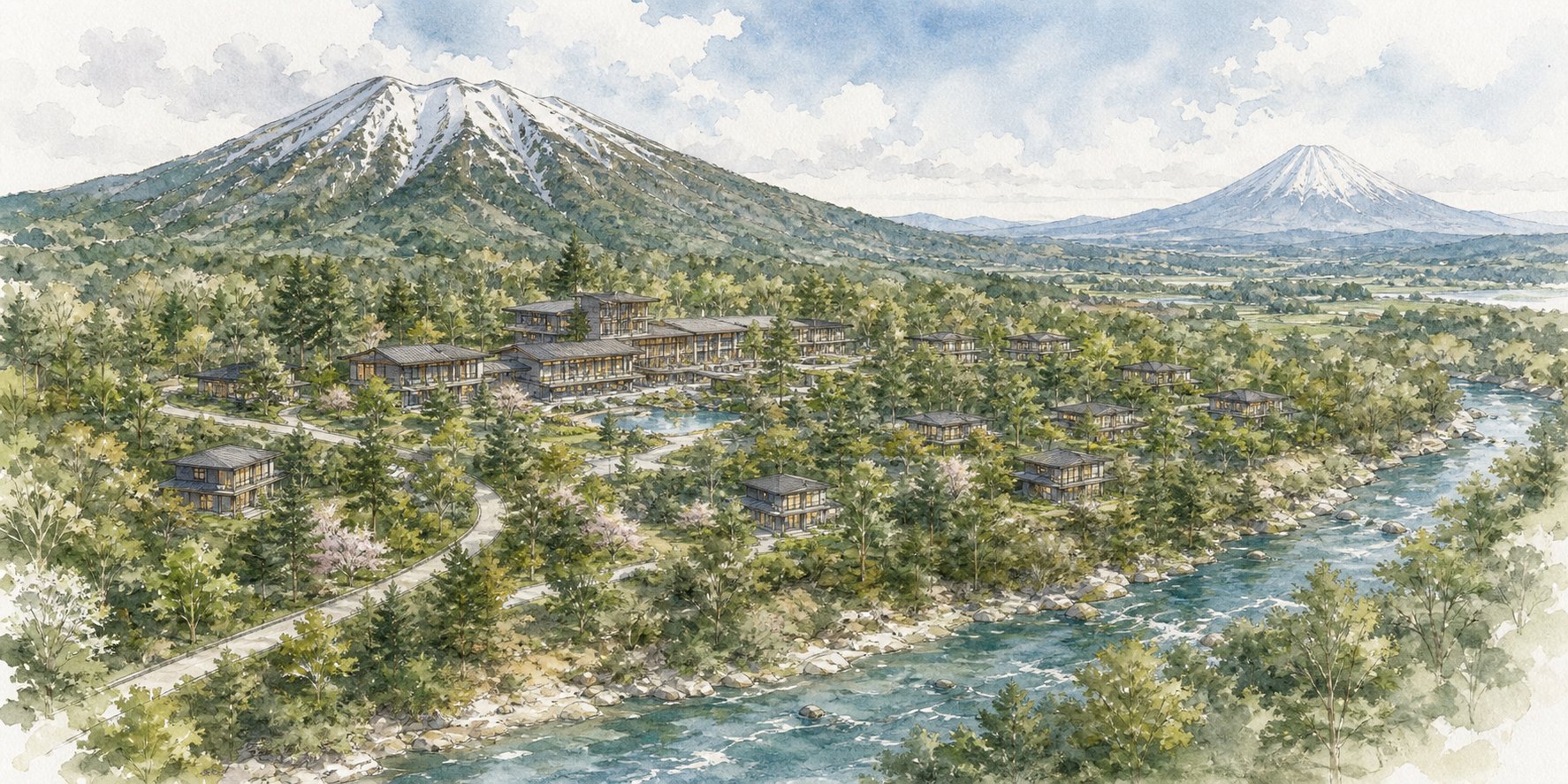 Watercolor resort and riverfront wellness concept
