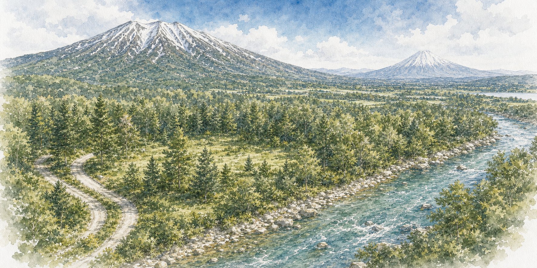 Watercolor view of vacant forested land near Annupuri Niseko with river and mountains