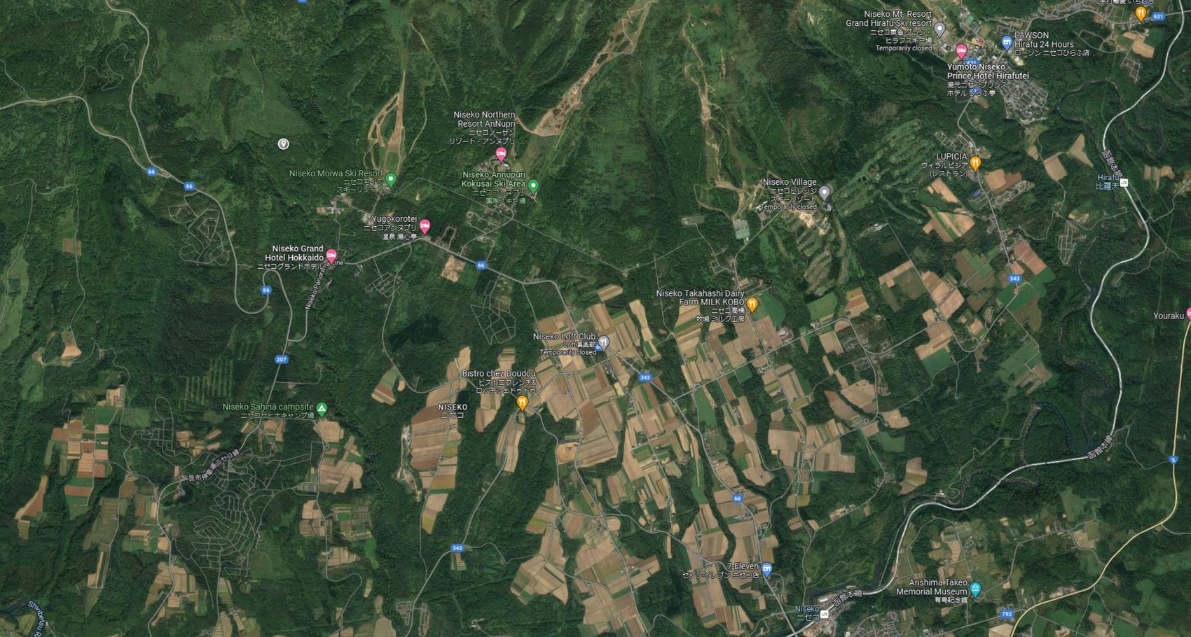 Regional satellite map of Niseko, Mt Yotei, Kutchan and surrounding resort areas
